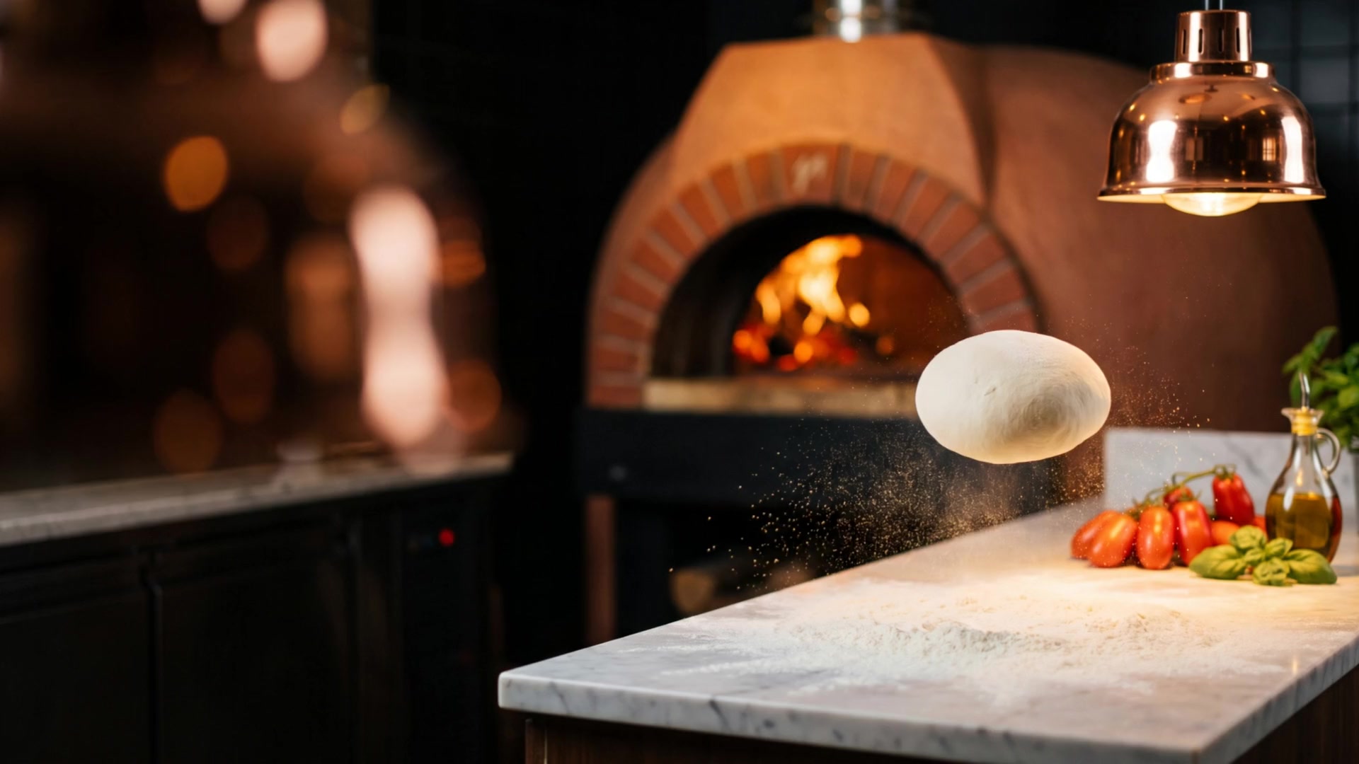A ball of pizza dough dropping onto floured marble in front of the Forno Nero wood-fired oven
